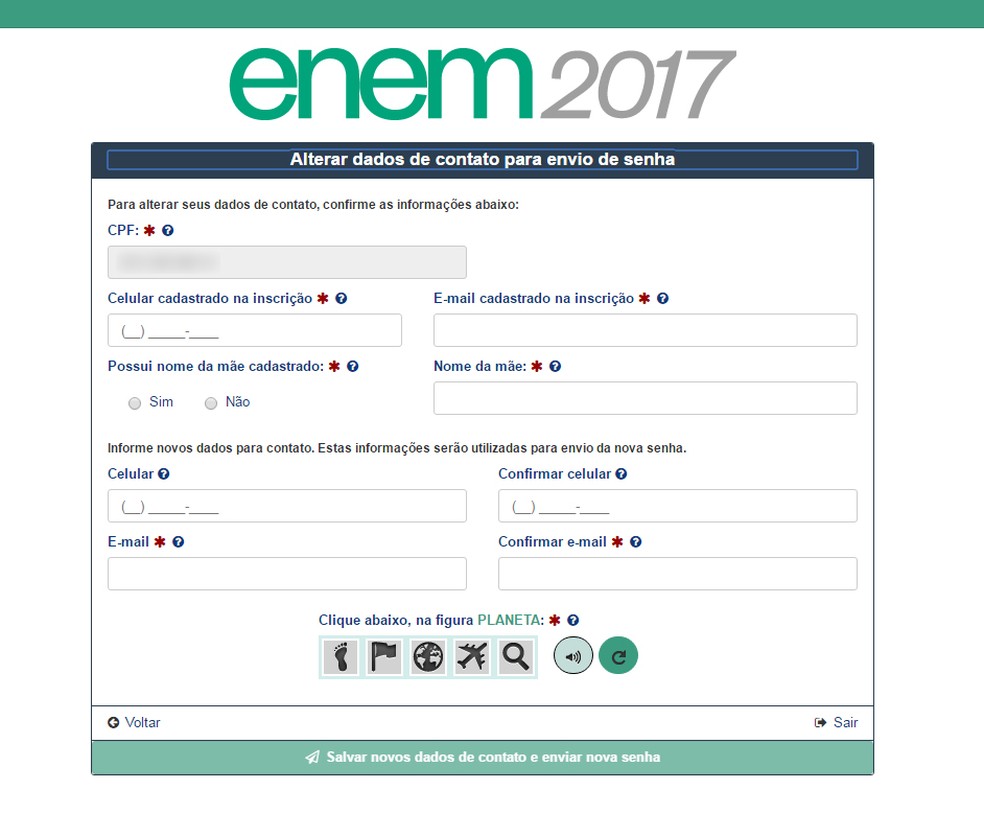 Para recuperar a senha do Enem 2017, será preciso inserir dados pessoais pedidos aleatoriamente pelo sistema (Foto: Reprodução/Inep)