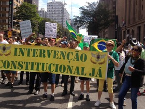 SÃO PAULO: Um grupo de manifestantes exibe faixa pedindo intervenção constitucional na Avenida Paulista (Foto: Gabriela Gonçalves/G1)