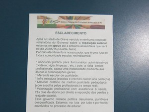 Aviso do Sepe foi fixado nas instituições na manhã desta segunda-feira (18) (Foto: Divulgação/Sepe)