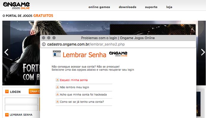Clique em esqueci minha conta no site da OnGame (Foto: Reprodução/Murilo Molina)