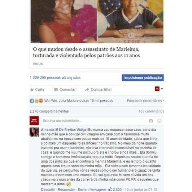O comentário de Aline, filha da policial civil Marielene, no Facebook da BBC Brasil (Foto: Reprodução/ BBC) O comentário de Aline, filha da policial civil Marielene, no Facebook da BBC Brasil (Foto: Reprodução/ BBC)