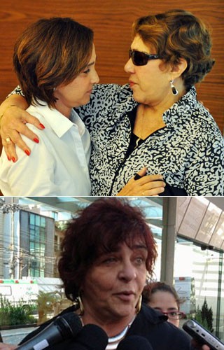 Vera Lúcia, mulher de Niemeyer, é abraçada antes da cerimônia; abaixo, a neta Ana Lucia, fala sobre a morte do arquiteto (Foto: Luiz Roberto Lima/Futura Press/Estadão Conteúdo e Janaína Carvalho/G1)