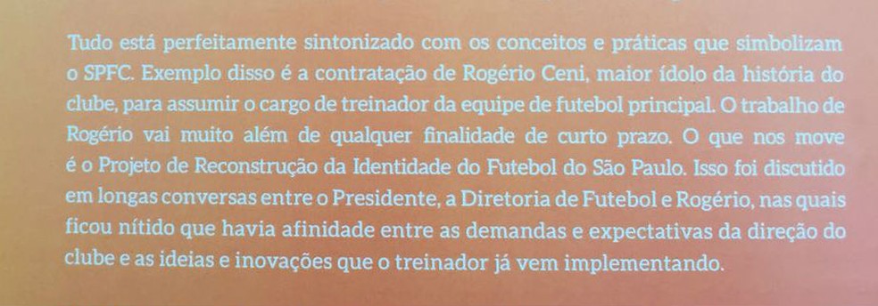 Trecho do plano de governo de Leco falava em longo prazo para Rogério Ceni (Foto: reprodução)