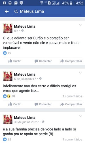 Pelo celular, Mateus acessava a internet e escrevia declarações de amor, reflexões e até lamentava os erros cometidos na página dele no Facebook (Foto: Divulgação/Sejuc)