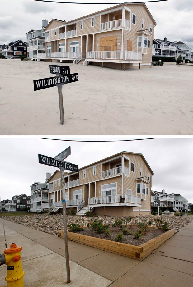Um ano depois, casas que foram invadidas pela areia em Cape May, Nova Jersey, voltaram à vista habitual (Foto: Mel Evans/AP)