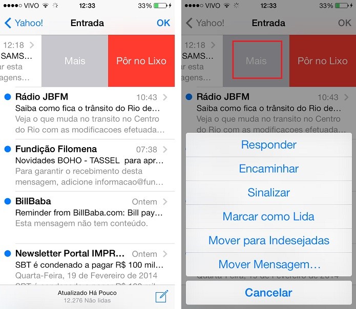 Excluindo, encaminhando um e-mail entre outras opções (Foto: Aline Jesus/Reprodução)
