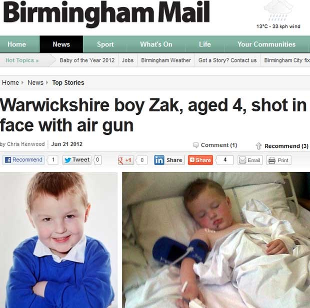 O britânico Zak Horton, 4, levou um tiro de rifle de pressão nesta quarta (20) (Foto: Reprodução)