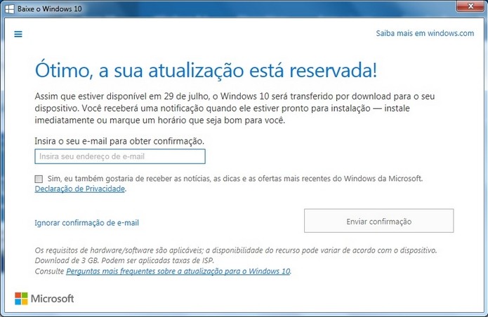 Reserva do upgrade gratuito está disponível para Windows 7, 8.1 e Windws Phone (Foto: Reprodução/Raquel Freire)