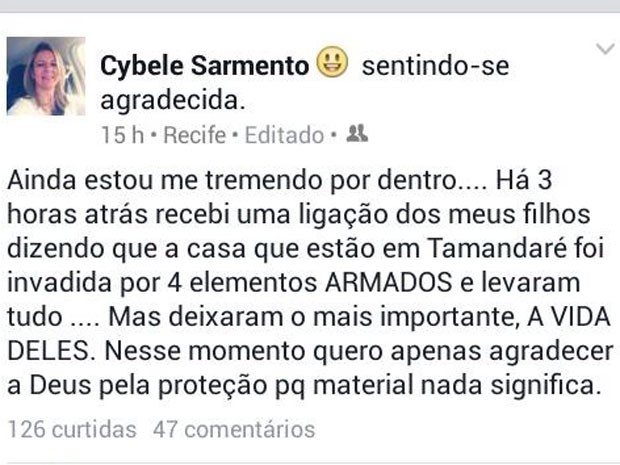 Casa com 30 pessoas é roubada por quatro homens em Tamandaré, PE (Foto: Reprodução/ Facebook)