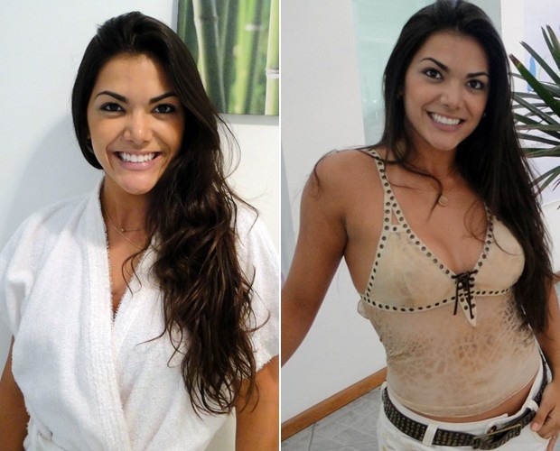 O cabelo de Carol antes e depois... E aí, ficou bacana? (Foto: Domingão do Faustão / TV Globo)