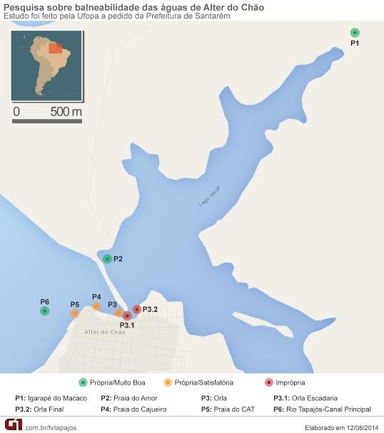 Infográfico mostra condições de balneabilidade das águas de Alter do Chão (Foto: Andressa Azevedo/G1)