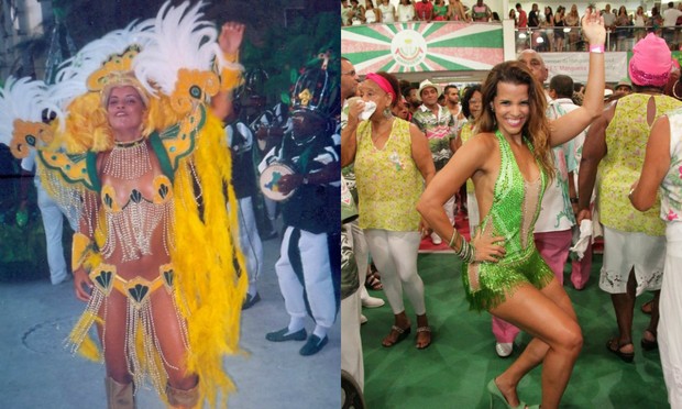 Renata Santos em seu primeiro carnaval e no último durante um ensaio da Mangueira (Foto: Arquivo pessoal | Thiago Mattos /AgNews)