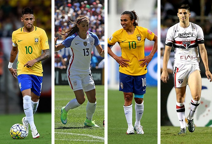 MONTAGEM - Neymar (Brasil), Alex Morgan (seleção dos EUA), Marta (Brasil), Calleri (Argentina, ex-São Paulo) (Foto: Editoria de Arte)