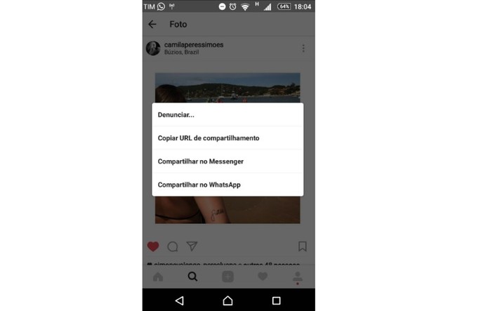 Usuários do Android podem compartilhar conteúdo do Instagram direto no WhatsApp (Foto: Reprodução/Camila Peres)