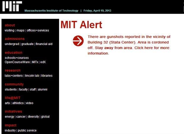 Site do MIT publicou alerta contra atirador nas proximidades do campus (Foto: Reprodução/Site do MIT) Site do MIT publicou alerta contra atirador nas proximidades do campus (Foto: Reprodução/Site do MIT)
