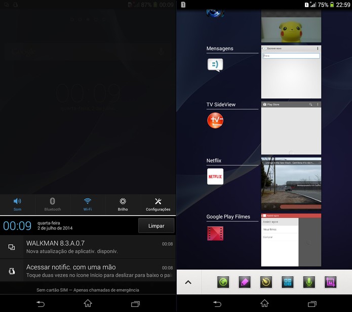Xperia T2 Ultra Dual: barra de notificações na parte inferior e acesso rápido a utilitários (Foto: Reprodução)