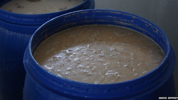 A farinha de teff é misturada com água dentro de barris, onde fermenta por quatro dias (Foto: James Jeffrey) A farinha de teff é misturada com água dentro de barris, onde fermenta por quatro dias (Foto: James Jeffrey)