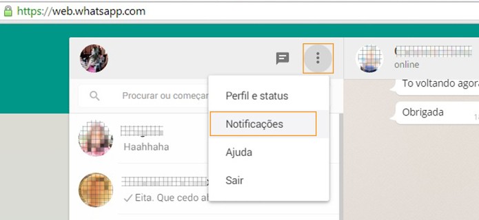 No WhatsApp para computador acesse o menu e em seguida clique em notificações (Foto: Reprodução/Barbara Mannara)