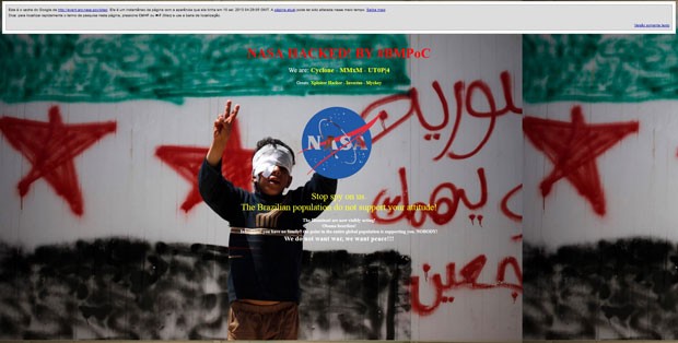 Imagem do site da Nasa, agência aeroespacial norte-americana, hackeado por grupo que diz ser brasileiro. (Foto: Reprodução)