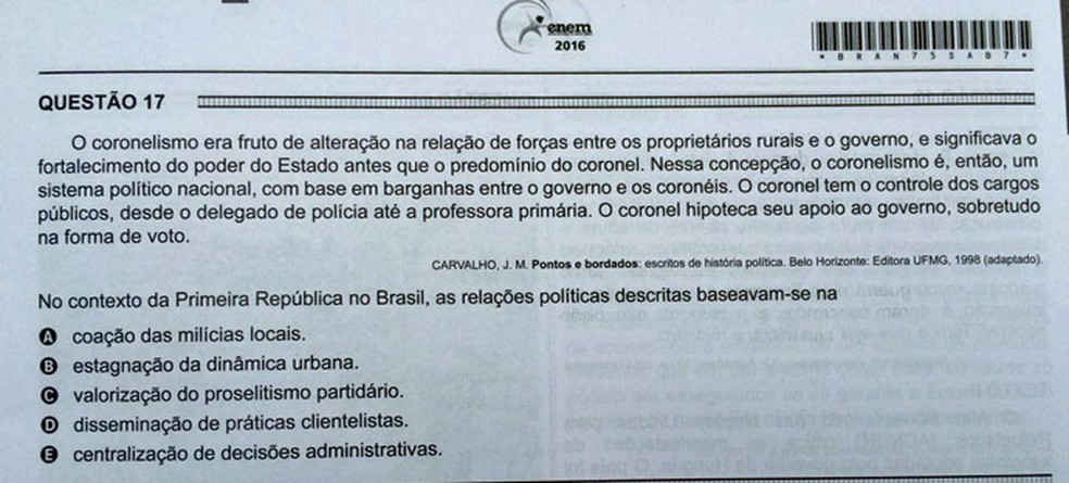 ENEM 2016 - 1º DIA - PROVA BRANCA - QUESTÃO 17 (Foto: G1 )