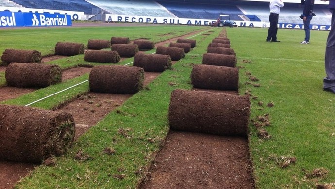 Pedaços do gramado do Olímpico já são retirados pelo Grêmio (Foto: Divulgação/Grêmio)