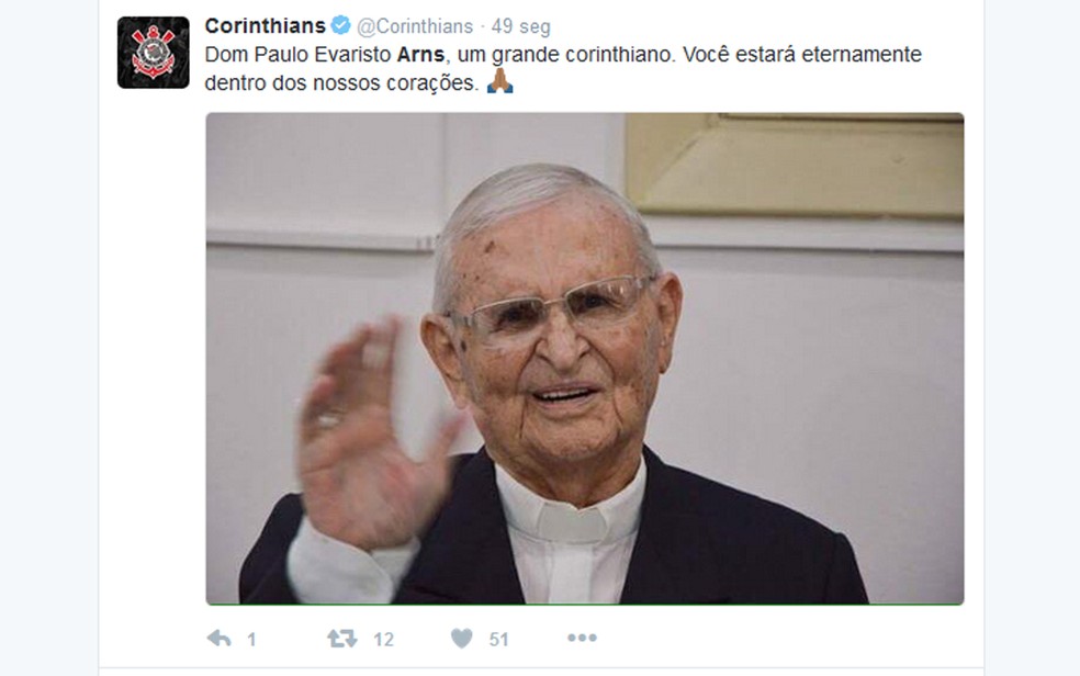 Sport Clube Corinthians Paulista presta homenagem a Dom Evaristo Arns (Foto: Reprodução/Twitter)