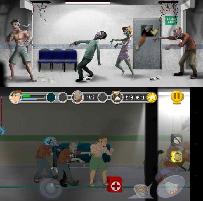 Arte conceitual de Dead Punch Hospital acima, e o jogo na prática, abaixo (Foto: Divulgação)