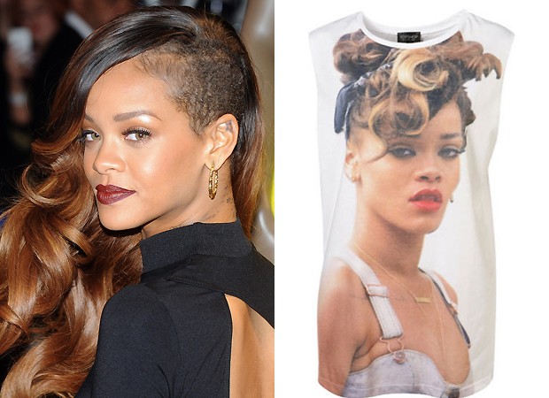 Rihanna e a camiseta vendida pela Topshop (Foto: Getty Images e Reprodução)
