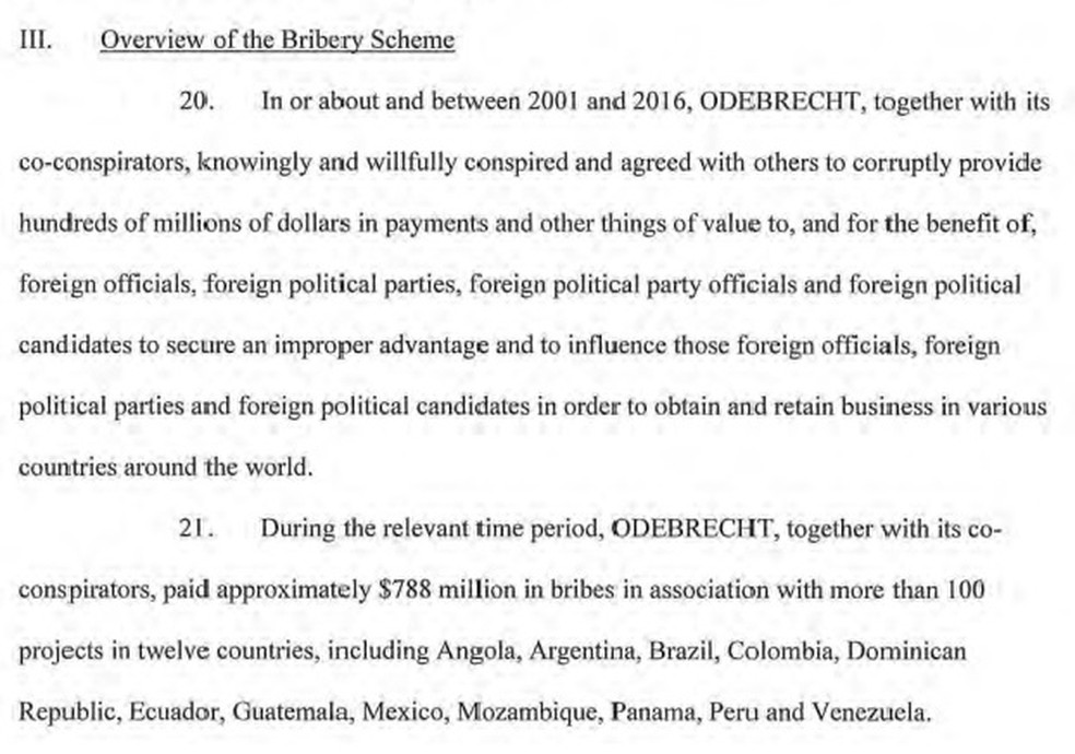 Trecho de documento sobre a Odebrecht divulgado pelo Departamento de Justiça dos Estados Unidos aponta que a empreiteira admitiu o pagamento de US$ 788 milhões em propina (Foto: Reprodução/Departamento de Justiça dos Estados Unidos )