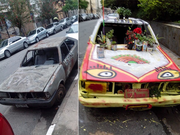 Leitor mostra o antes e o depois do carro que recebeu nova pintura na Zona Sul de SP (Foto: Daniel Gomes/VC no G1)