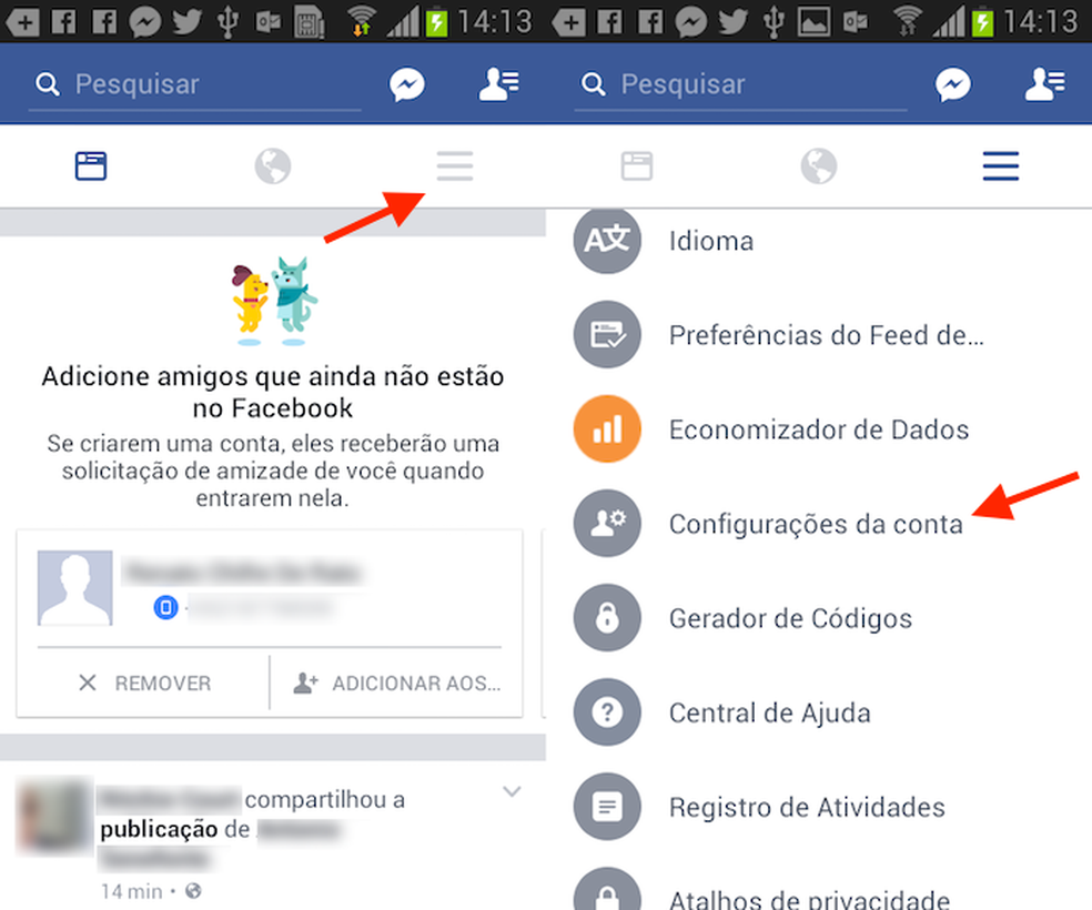 Caminho para acessar as configurações do aplicativo Facebook para Android (Foto: Reprodução/Marvin Costa)