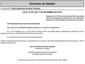 Governador Paulo Câmara revogou lei que limitava apresentação de artistas (Foto: Reprodução / Diário Oficial)