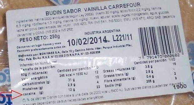 Usuário compartilhou imagem que mostra tabela nutricional de pudim que afirma que produto possui 12 g de cocaína (Foto: Reprodução/Twitter/Marcos Rodriguez)