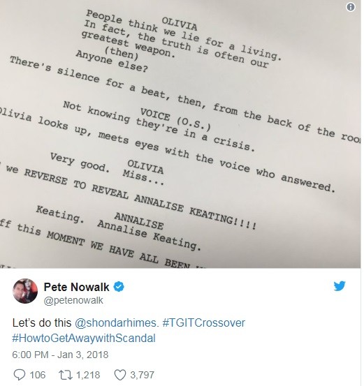 Publicação de Pete Nowalk confirmando crossover de 'Scandal' e 'How to get away with murder' (Foto: Reprodução / Twitter)