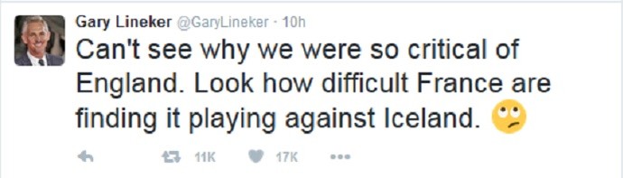 Tweet de Gary Lineker provoca a Inglaterra durante França x Islândia (Foto: Reprodução/Twitter)
