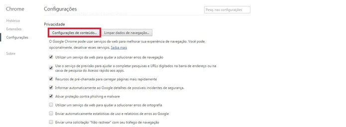 Botão de Configurações de conteúdo..., na seção Privacidade (Foto: Reprodução/Raquel Freire)