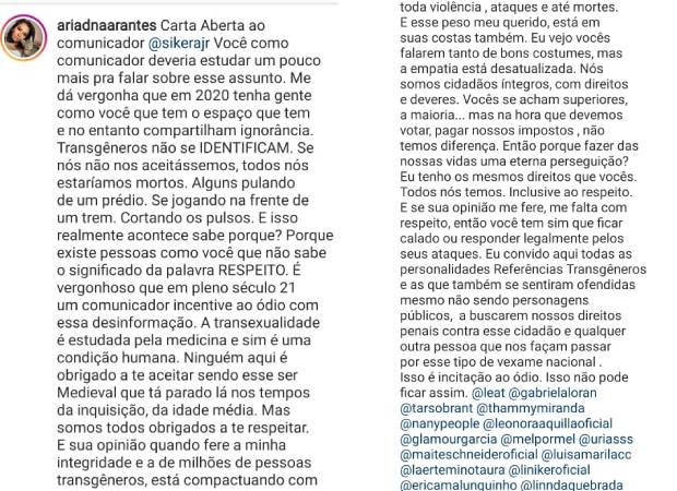 Carta aberta de Ariadna Arantes para Sikêra Jr. (Foto: Reprodução/Instagram) Carta aberta de Ariadna Arantes para Sikêra Jr. (Foto: Reprodução/Instagram)