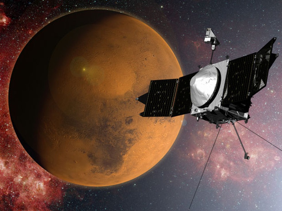 Ilustração mostra sonda Maven chegando a Marte (Foto: Nasa/AP)
