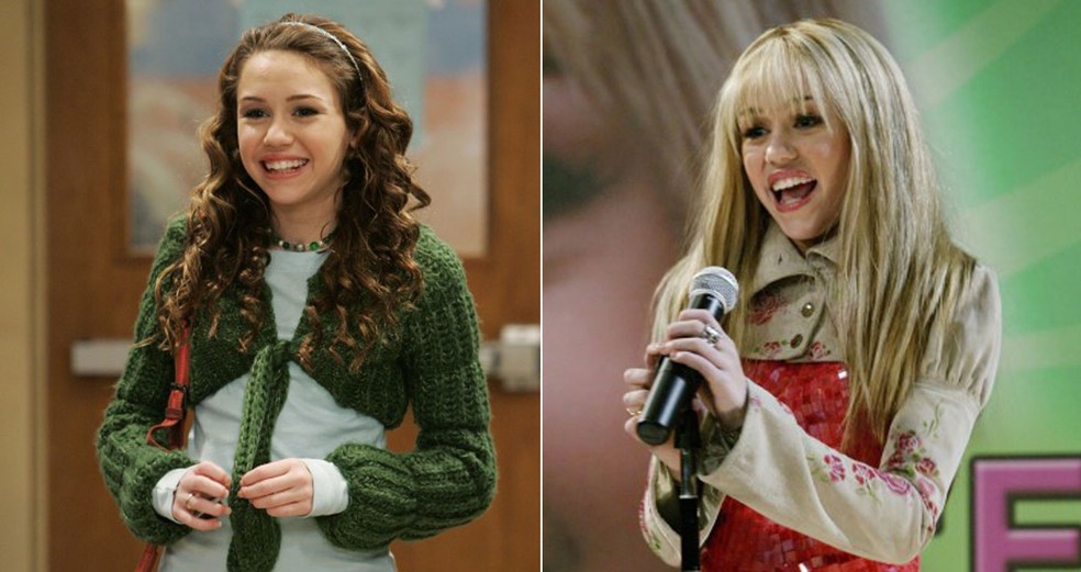 Miley Cyrus em dois momentos da série 'Hannah Montana': à esquerda, como a adolescente Miley Stewart; à direita, como o alter ego da garota, a popstar que dá nome à série (Foto: Divulgação)