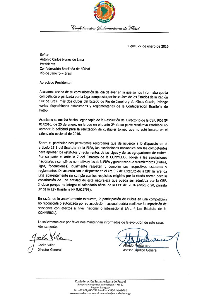 carta da conmebol para a CBF sobre a Liga (Foto: Editoria de arte)