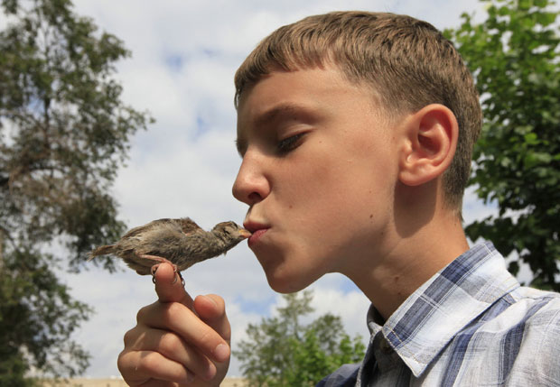 Vadim Veligurov, de 12 anos, com um filhote de pássaro que se tornou seu "melhor amigo" (Foto: Ilya Naymushin/Reuters)