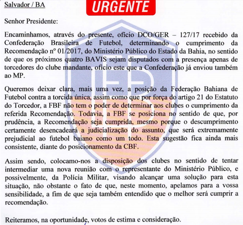 Em circular, FBF se diz contra torcida única, mas recomenda cumprimento da determinação (Foto: Reprodução)