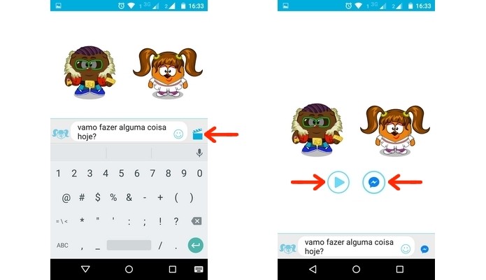 indicações para botões de clacket, play e Messenger, respectivamente, no Too.me (Foto: Reprodução/ Raquel Freire)