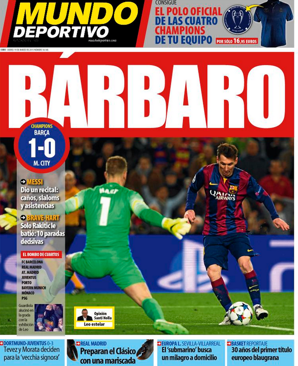 Capa jornal Mundo Deportivo - Barcelona x Manchester CIty