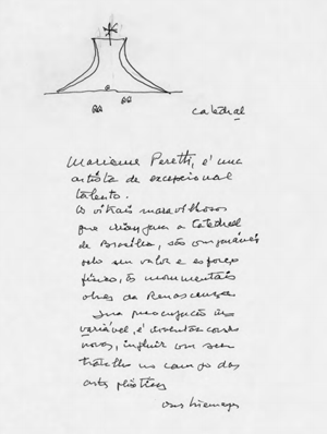 Carta de Oscar Niemeyer escrita à mão em que elogia Marianne e a compara com artistas da Renascença (Foto: Marianne Peretti/ Arquivo Pessoal)