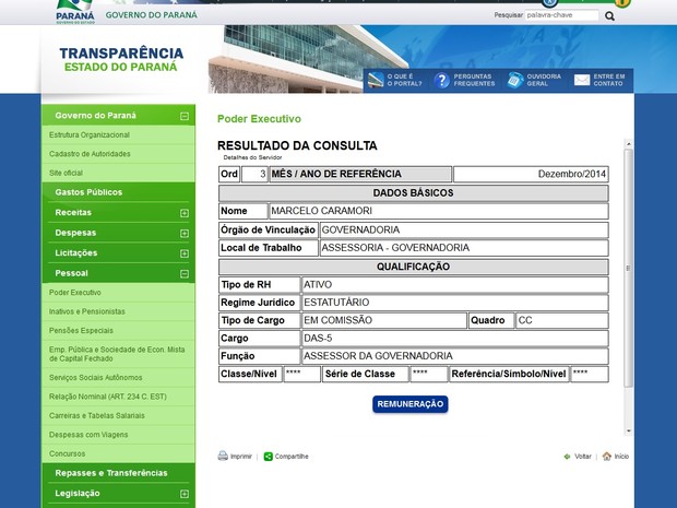 Caramori consta como 'assessor da governadoria' no Portal da Transparência do Paraná. (Foto: Reprodução)