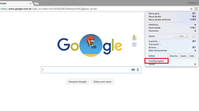 Acesse as configurações do Google Chrome (Foto: Reprodução/Camila Peres) Acesse as configurações do Google Chrome (Foto: Reprodução/Camila Peres)