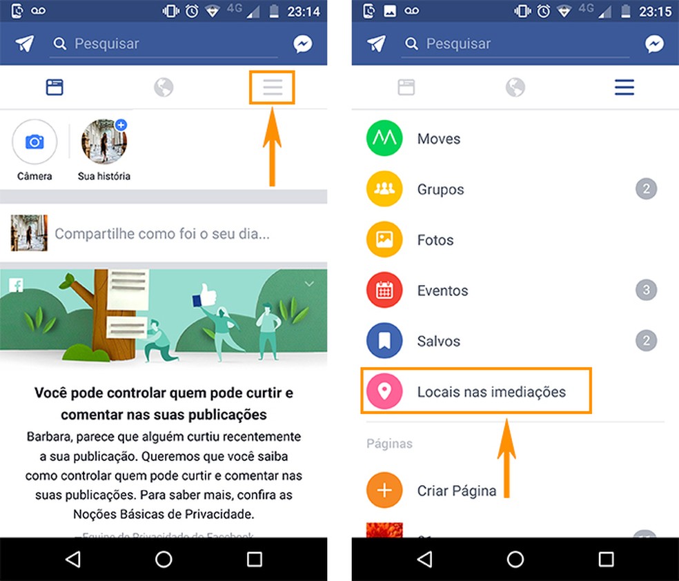 Acesse os locais nas imediações no Facebook para Android (Foto: Reprodução/Barbara Mannara)