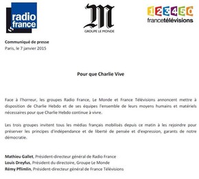 Comunicado divulgado por três grupos de comunicação da França (Foto: Reprodução/Le Monde) Comunicado divulgado por três grupos de comunicação da França (Foto: Reprodução/Le Monde)