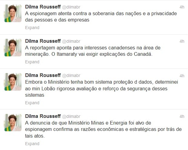 Dilma comentou no Twitter sobre as denúncias de que o Ministério de Minas e Energia foi alvo de espionagem (Foto: Reprodução/ Twitter)